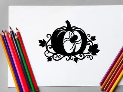 Silhouette of a pumpkin with a spider and decorative vines for Halloween