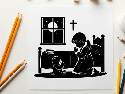 Silhouette of child and dog praying before bed at night