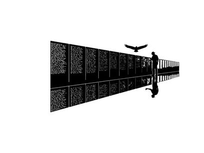 Silhouette of a man walking along a reflective metal fence with a bird flying