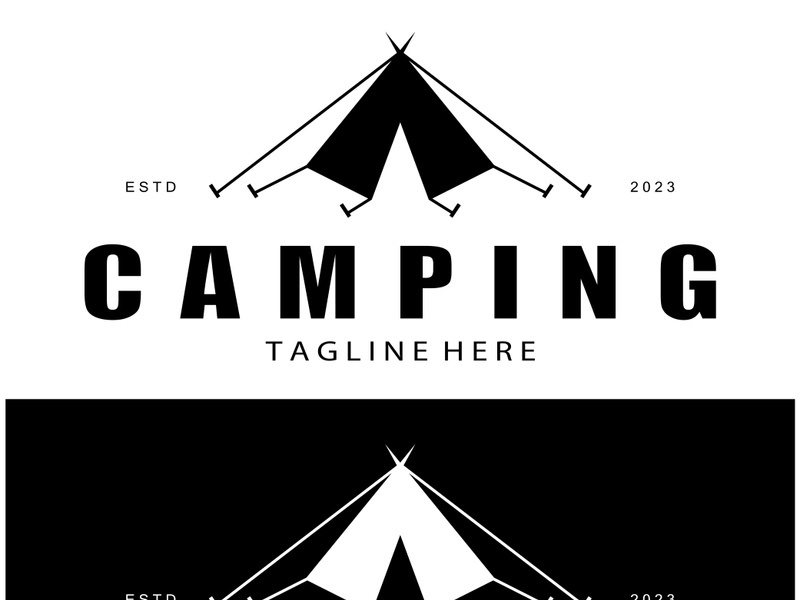 vintage and retro tent logo, camping. With tent, tree and bonfire sign. adventurers, scouts, climbers, camping equipment center