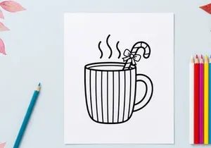 Christmas mug with candy cane line art illustration for holiday greeting card design