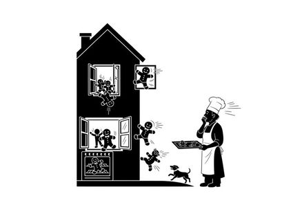 Chaotic scene of children escaping from a house to a worried chef silhouette