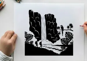 Silhouette of a tropical waterfall scene with hikers and a parrot