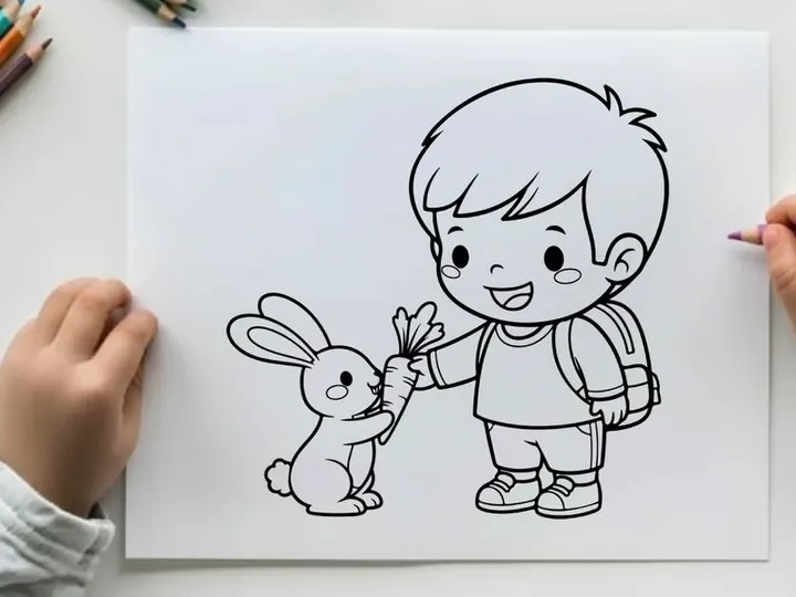 Boy holding bunny happy friendship vector illustration flat design