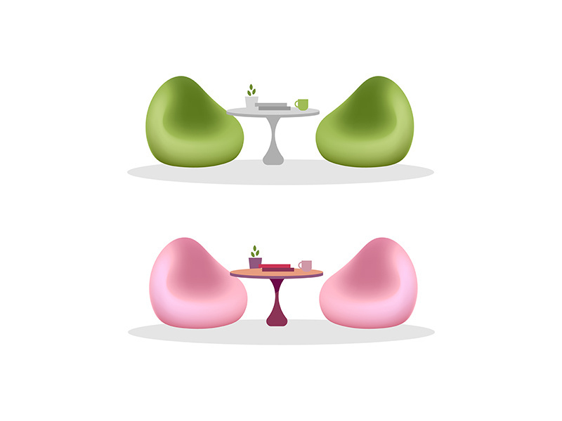 Bean bag chair and tables flat color vector objects set
