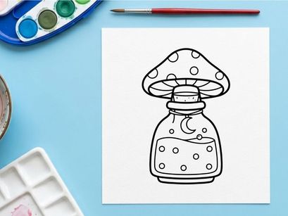 Hand-drawn vintage poison bottle with mushroom stopper. Classic Halloween apothecary jar illustration for spooky decor.