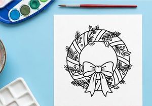 Hand-drawn Christmas wreath with silver bow and pine cones for festive holiday decor