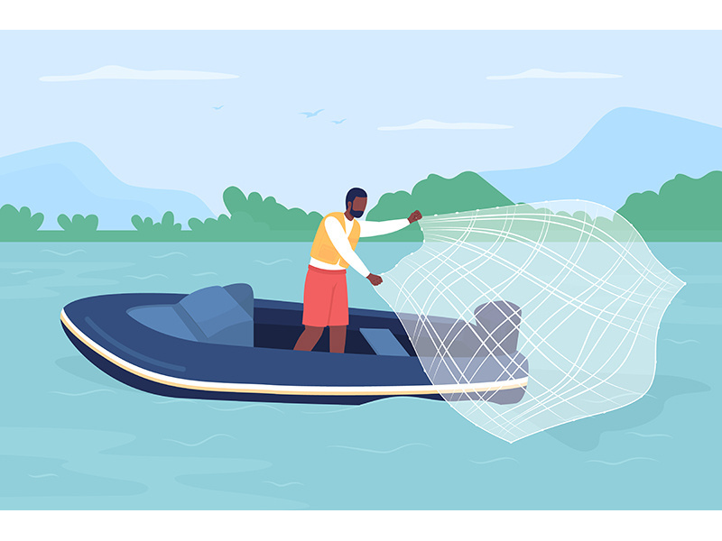 Catching fish with casting net flat color vector illustration