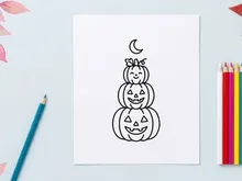 Halloween pumpkin family with smiling faces stacked together. Cute cartoon jack-o-lantern trio celebrating spooky season under the moon.