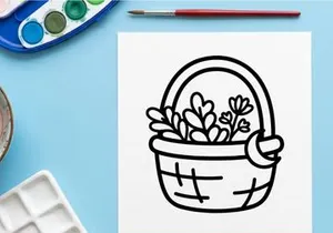 Witch basket with herbs and moon icon. Hand drawn doodle of a magical wicker container.