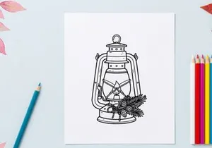 Christmas lantern line art illustration with pine branches and cones for holiday decor