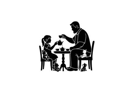 Silhouette of a man and a girl having tea with pets