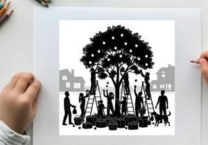 Silhouette of people decorating a tree with lights in a residential area silhouette
