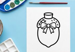 Acorn icon with a decorative bow. Simple line art illustration of a cute autumn nut.
