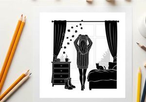Woman in silhouette standing by window with curtains and cat on bed