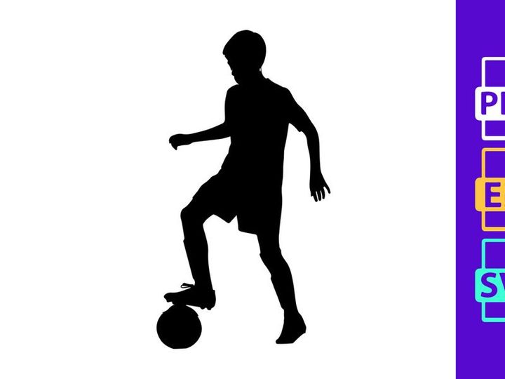 Silhouette of a soccer player skillfully dribbling three balls