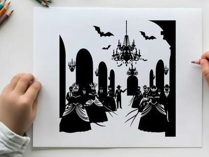 Silhouette of people in a hall with bats and chandelier