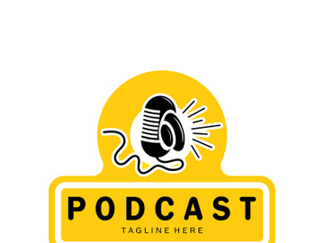 podcast logo with microphone and earphone audio, radio waves. for studio, talk show, chat, information sharing, interview, multimedia and web. preview picture