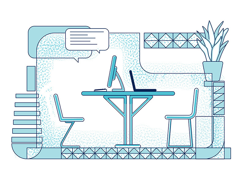 Modern workplace, online communication outline vector illustration