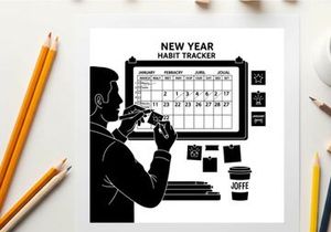 Silhouette of a man using a habit tracker on a calendar board silhouette