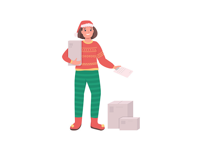Postwoman in Santa Claus hat flat color vector character