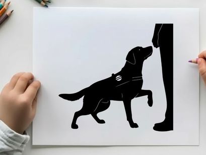 Silhouette of a service dog and its handler in a guiding position