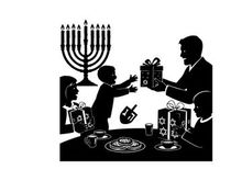 Silhouette of a family celebrating hanukkah with gift giving and traditional foods