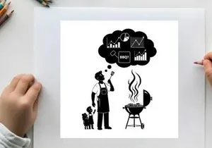 Silhouette of man grilling with dog and business graphs in thought