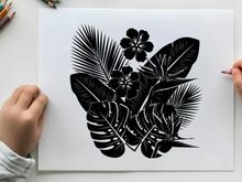 Tropical palm tree silhouette with flowers and leaves