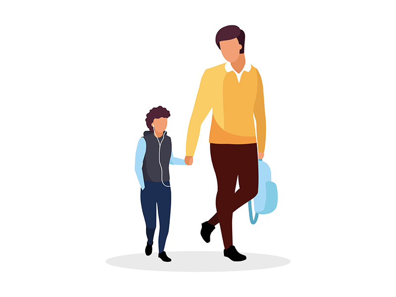 Dad with son walking to school semi flat color vector characters