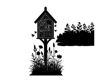 Silhouette of a birdhouse with flowers and trees in the background silhouette preview picture