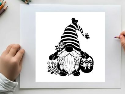 Black and white silhouette of a garden gnome with flowers and butterfly
