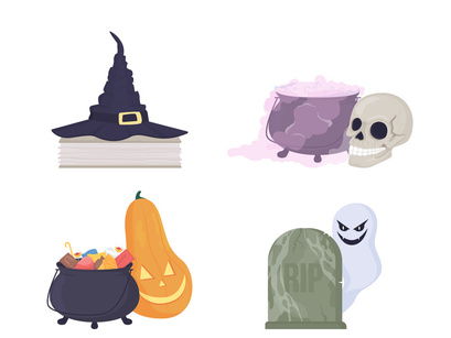 Spooky Halloween decorations flat color vector item set
