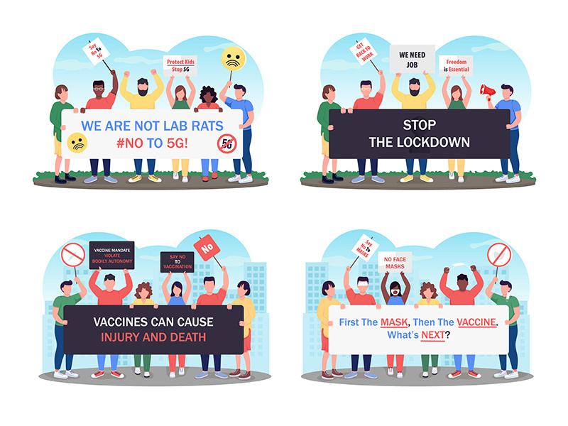 Corona virus lockdown protest flat concept vector illustration set