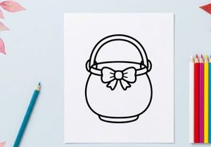 Easter basket line art icon. Simple holiday bucket illustration with a decorative bow.
