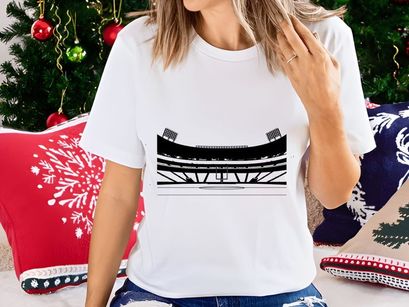 Black and white image of a sports stadium with floodlights