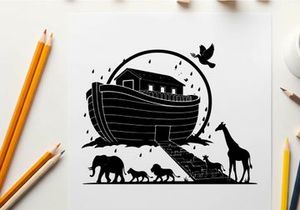 Biblical noah's ark silhouette with animals entering the vessel