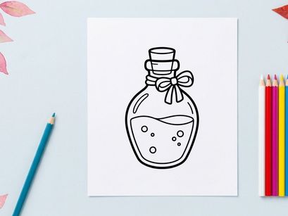 Hand-drawn Halloween potion bottle with cork and ribbon. Vintage magic elixir jar illustration for spooky decorations and witchcraft themes.