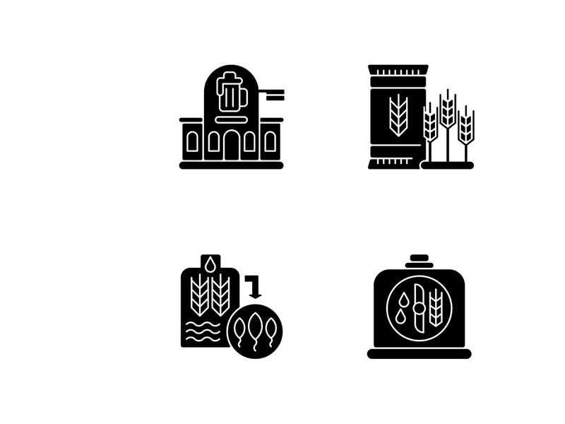 Brewery manufacture black glyph icons set on white space