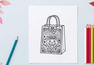 Tas hadiah Halloween dengan desain labu jack-o-lantern. Tote permen Halloween yang menyeramkan dengan pola renda putih rumit di latar belakang transparan.