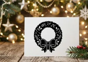 Christmas wreath icon with bow, festive holiday evergreen decoration vector illustration