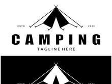 vintage and retro tent logo, camping. With tent, tree and bonfire sign. adventurers, scouts, climbers, camping equipment center
