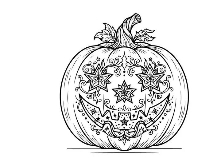 Hand-drawn Halloween pumpkin illustration with intricate floral patterns. Vintage-style jack-o-lantern sketch featuring elegant botanical engraving...