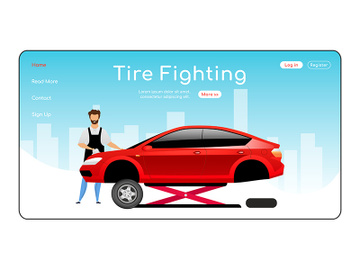 Tire fitting landing page flat color vector template preview picture