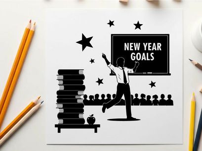 Man in silhouette celebrating new year goals with stars and books nearby