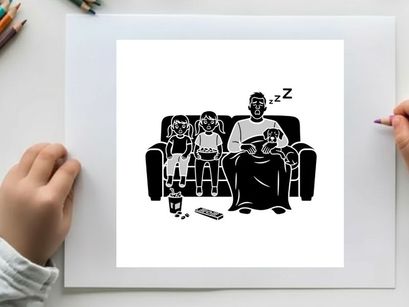 Silhouette of a man sleeping on a couch with two children