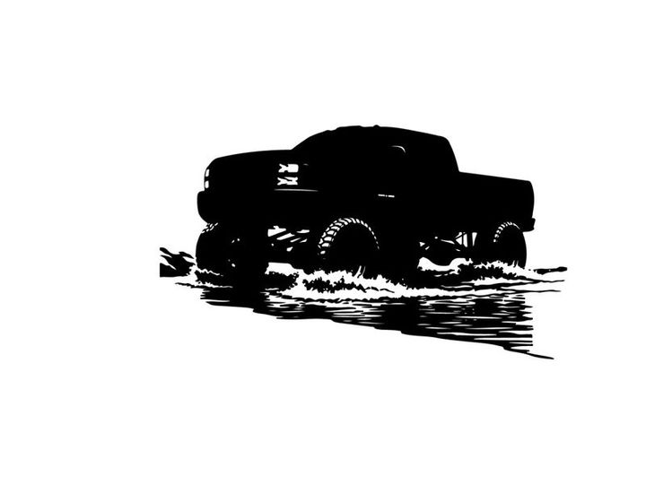Silhouette of a pickup truck driving through water