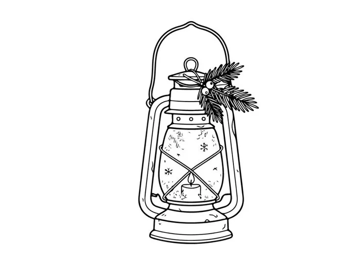 Christmas lantern line art illustration with pine branches and candle for holiday decor