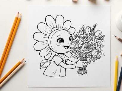 Cute girl holding flower bouquet vector illustration