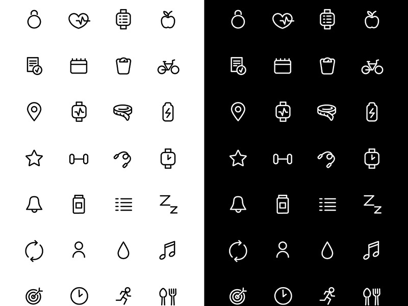 Fitness linear icons set for dark and light mode